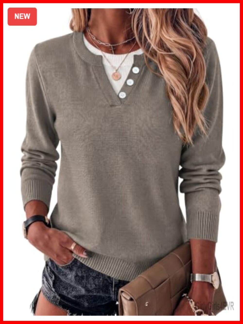 Women's Lightweight Knit Pullover Sweater, Long Sleeve Contrast Collar